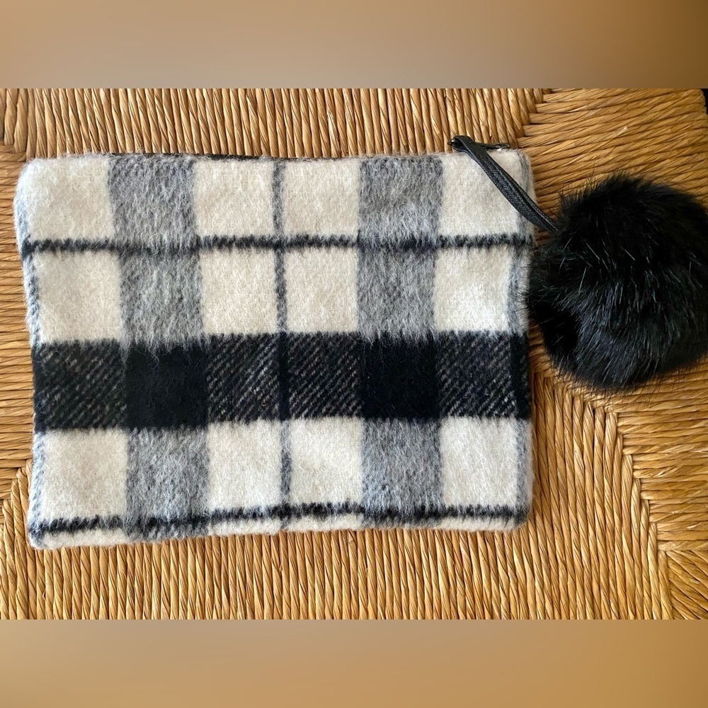 Zara accessories black & white plaid checkered bag purse with pompom zipper pull